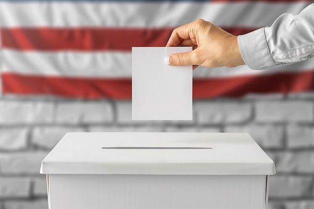 Hand Casting Ballot into Box with American Flag Background Concept of Voting and Democracy