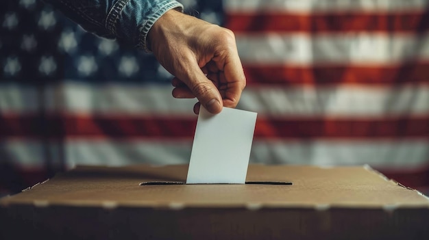 Photo hand casting a ballot into a voting box with an american flag in the background representing democracy