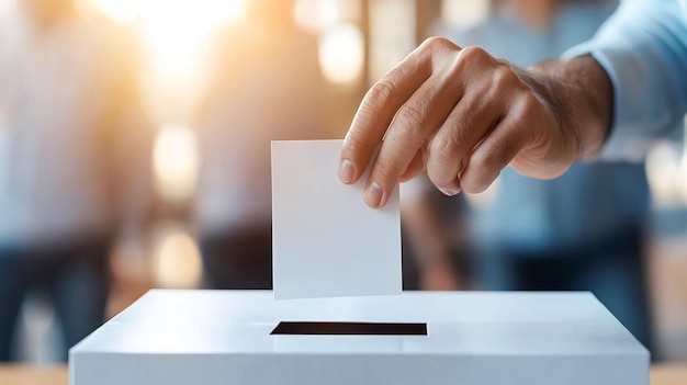 Hand Casting Vote in Ballot Box During Election Day in Sunlit Room