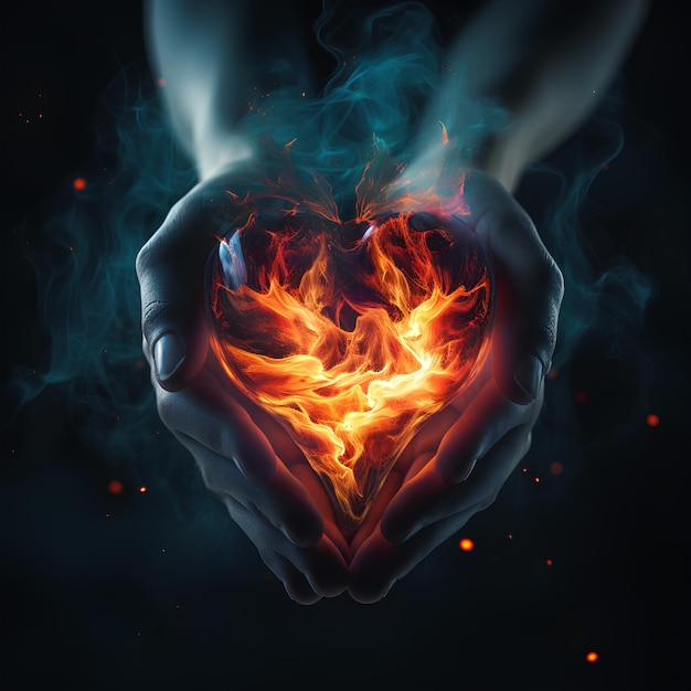 a hand catching burning heart