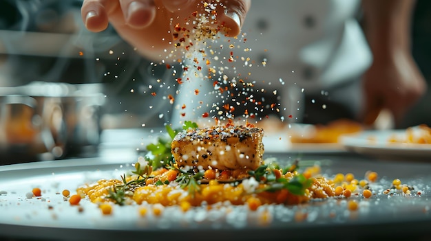 Photo hand of a chef sprinkling seasoning over a gourmet dish closeup shot with a wideangle lens highlight