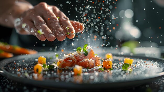 Photo hand of a chef sprinkling seasoning over a gourmet dish closeup shot with a wideangle lens highlight