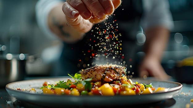 Photo hand of a chef sprinkling seasoning over a gourmet dish closeup shot with a wideangle lens highlight