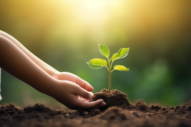 hand children holding young plant with sunlight on green nature background concept eco earth day