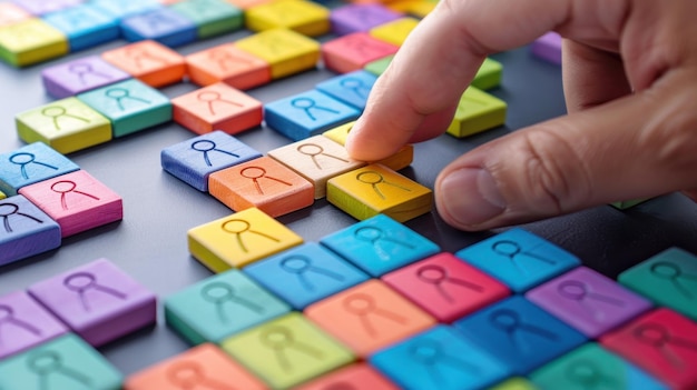 Hand Choosing a Person from a Grid of Colorful Wooden Blocks