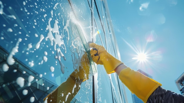 Photo the hand cleaning glass window