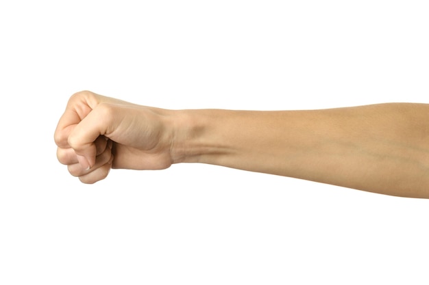 Hand clenched in a fist. Horizontal image. Woman hand with french manicure gesturing isolated on white background. Part of series