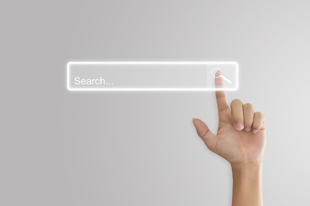Photo hand click search button page on virtual screen idea for searching browse data information networking copy space for text