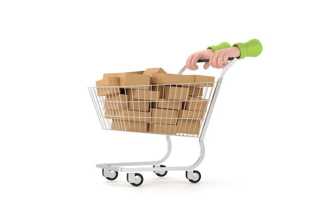 Hand closeup pushing a cart in a supermarket store