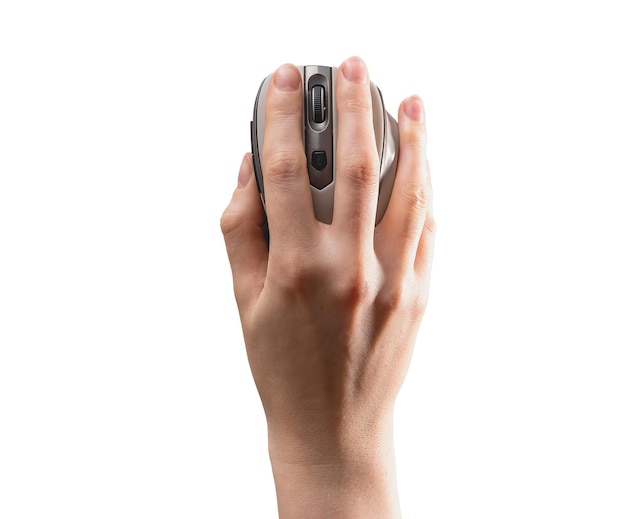 Hand on computer mouse isolated on white background top above view