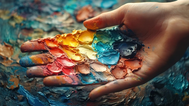 Photo a hand covered in colorful oil paint a closeup