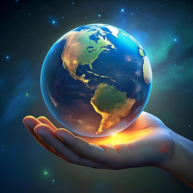 A hand cradles a glowing Earth symbolizing care for our planet and its future