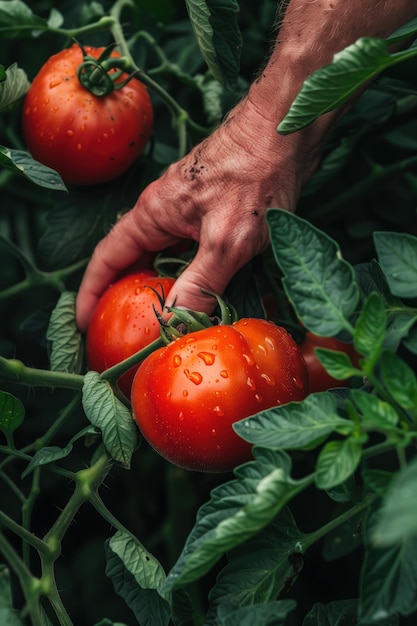 Photo hand cradles ripe red tomato with small green leaves green foliage frames in garden setting human