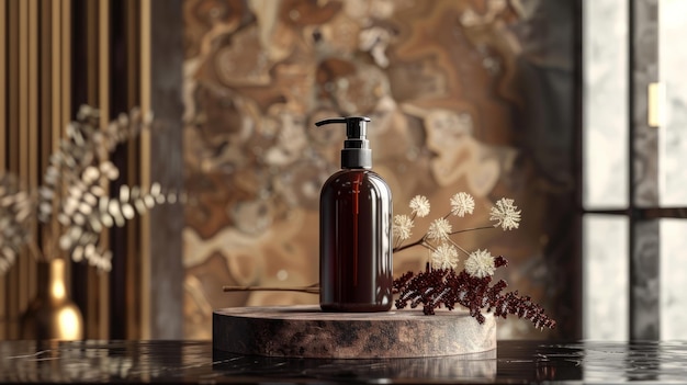 Hand cream with dark brown dispenser stands on a podium