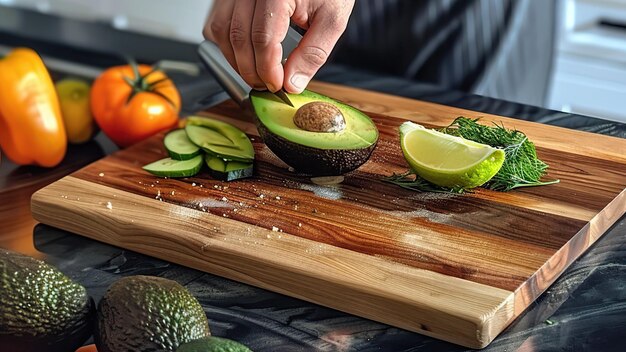 Photo hand cutting avocado and vegetables rich of vitamins