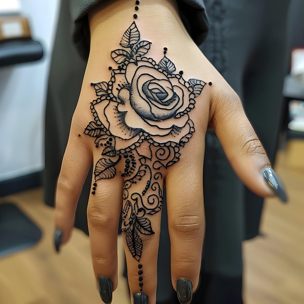 Photo hand decorated with amazing henna tattoo or mehndi art