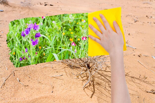 Hand deletes sand in desert by yellow cloth