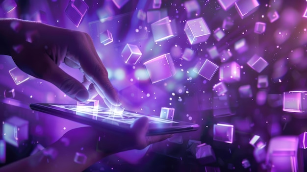 A hand delicately touching a holographic projection on a digital tablet with a futuristic backdrop