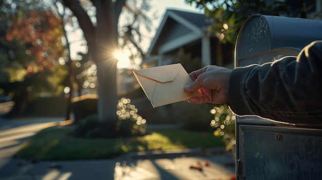 Photo hand delivering mail at sunset