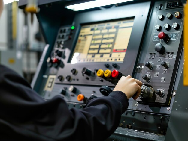 Photo hand demonstrating precision control on cnc machine interface for accurate data input operation