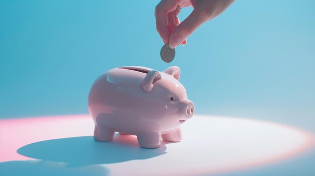 Photo hand depositing coin in piggybank