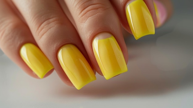 Photo a hand displays vibrant yellow nails in a minimalist style highlighting the fresh and trendy manicure