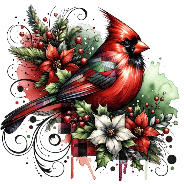 Hand draw Cardinal on a Christmas flower And watercolor winter backgroun