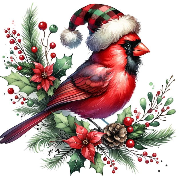 Hand draw Cardinal on a Christmas flower And watercolor winter backgroun