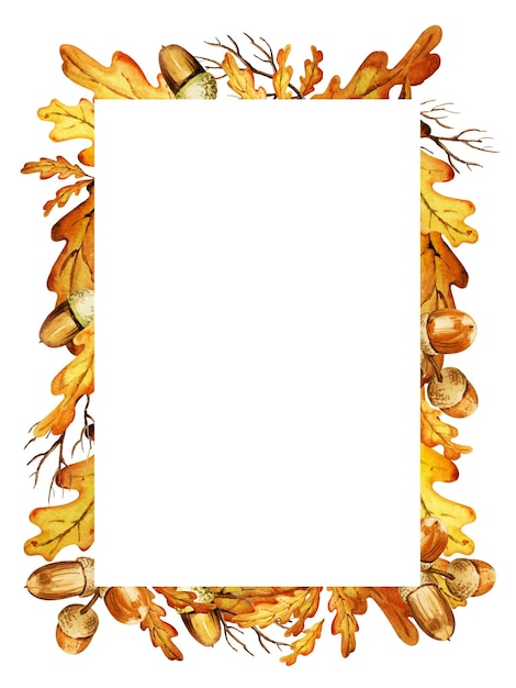 Hand draw watercolor border with oak leaves and acorns yellow and orange colour autumn leaf