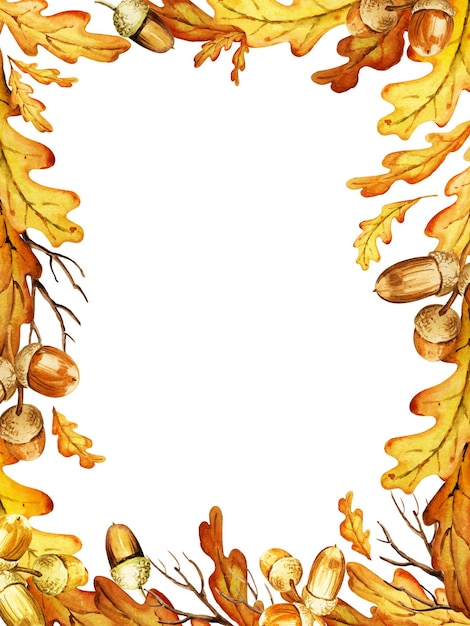 Hand draw watercolor border with oak leaves and acorns yellow and orange colour autumn leaf