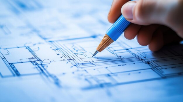 Photo a hand drawing architectural plans with a pencil on blueprints