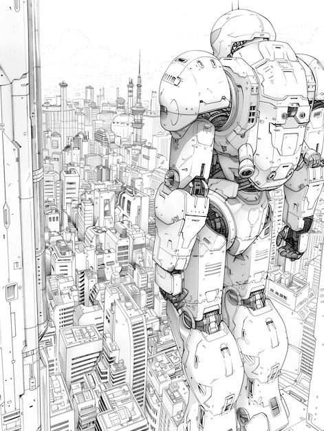 Photo hand drawing cartoon style of robot coloring page sketch book futuristic street illustration