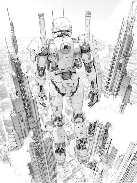 Hand drawing Cartoon style of Robot Coloring page sketch book futuristic street illustration