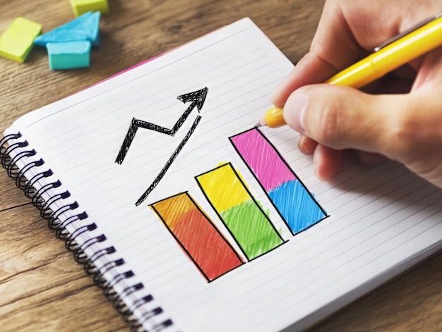 Photo a hand drawing a colorful bar chart with a rising trend on paper symbolizing growth and success in business or finance