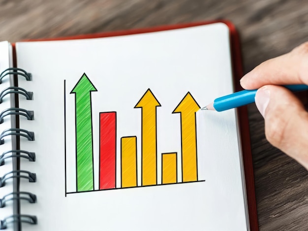 A hand drawing a colorful growth chart on a notepad representing progress and success in business and finance