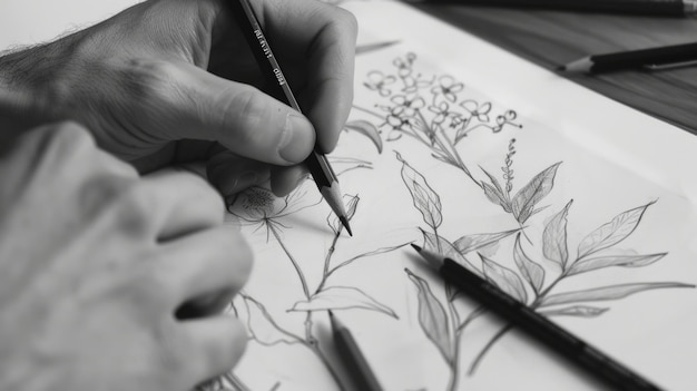 Photo hand drawing delicate floral sketch with a pencil