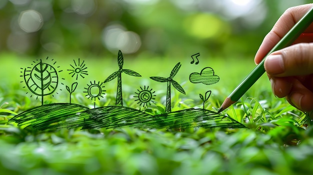 Hand Drawing of Eco Friendly Green Energy Symbols on Grass Depicting Sustainable Technology