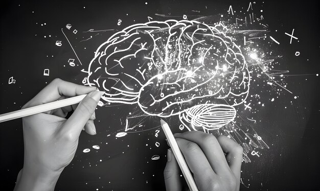 Hand drawing a human brain on a blackboard with a pencil