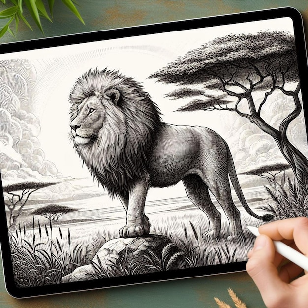 Photo hand drawing of lion