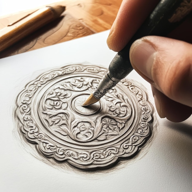 Photo hand drawing a pattern on the paper with a fountain pen closeup