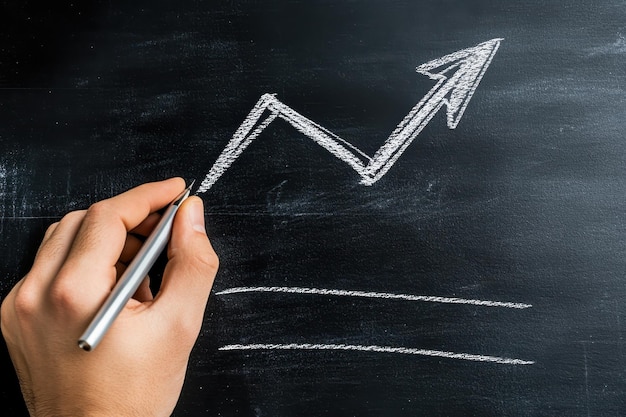 Photo hand drawing an upward trend line with a pen on a chalkboard symbolizing growth