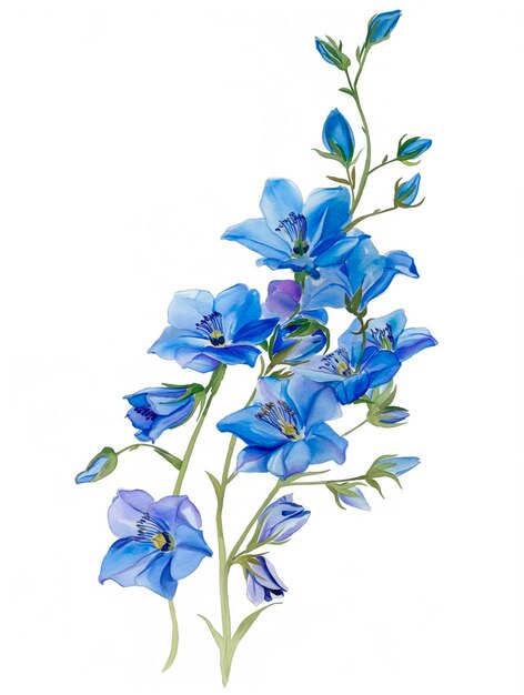 Photo hand drawing watercolor detailed painting delphinium flowers on white background