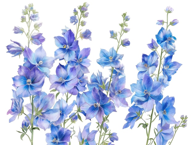 Photo hand drawing watercolor detailed painting delphinium flowers on white background