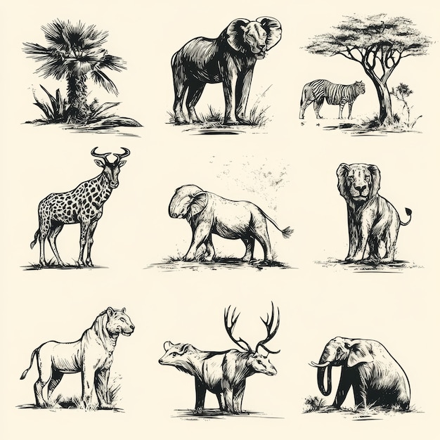 Hand Drawn African Animals Illustration Set