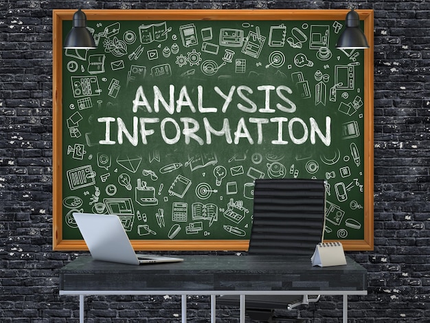 Hand Drawn Analysis Information on Green Chalkboard Modern Office Interior Dark Brick Wall Background Business Concept with Doodle Style Elements 3D