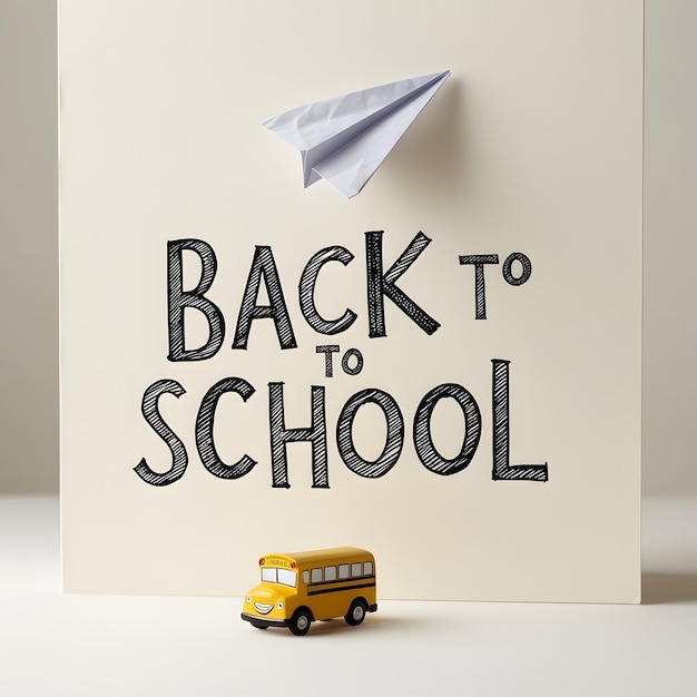 Hand Drawn Back to School Text Typography with Paper Airplane and School Bus