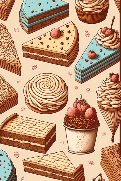 Hand drawn bakery food and cake pattern hand drawn illustration