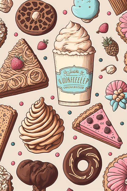 Hand drawn bakery food and cake pattern hand drawn illustration