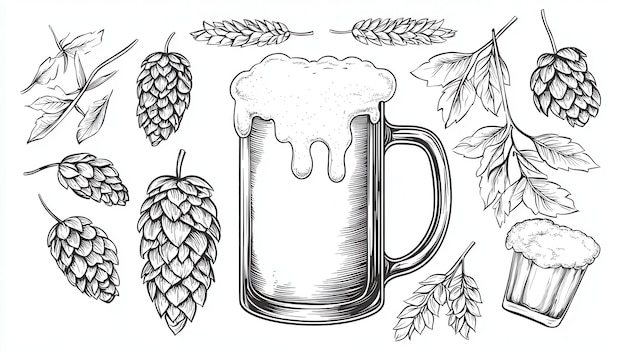 Photo hand drawn beer mug with hop cones and leaves