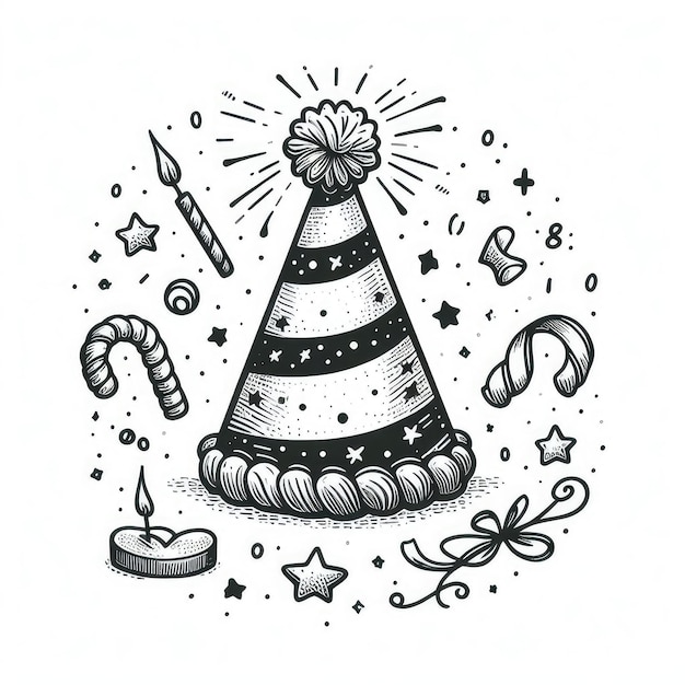 hand drawn birthday cone hat illustration in colorful vintage style isolaed on white background